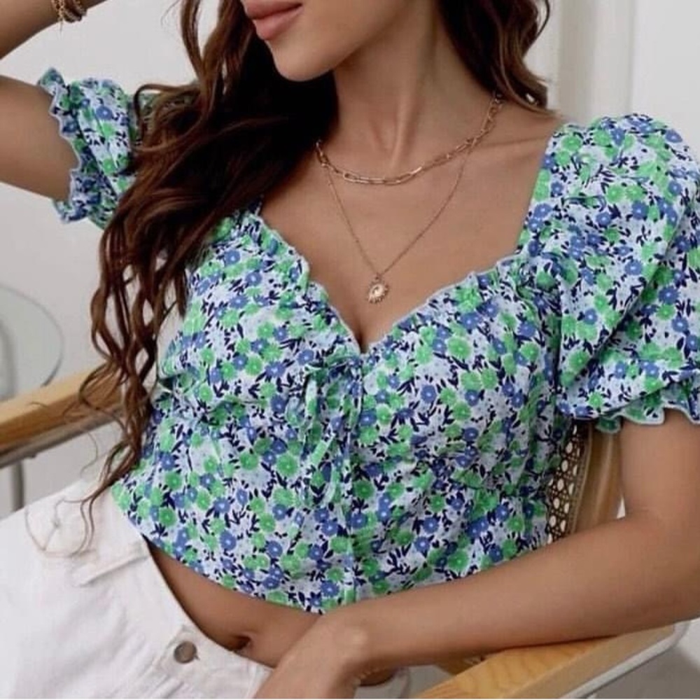 Zara Ditsy Dainty Floral Puff Short Sleeve Cropped Top Women’s Size XS